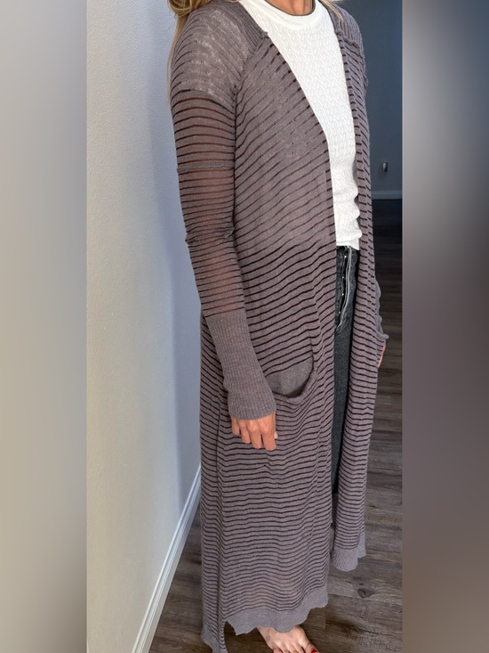 Free People Sweaters - Free People Long Striped Open-Front Cardigan in Taupe and Dark Brown